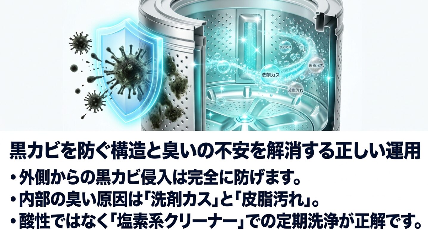外側からの黒カビ侵入は完全に防げる一方で、内部の臭い原因は洗剤カスと皮脂汚れであり、酸性ではなく塩素系クリーナーでの定期洗浄が正解であることを説明したスライド