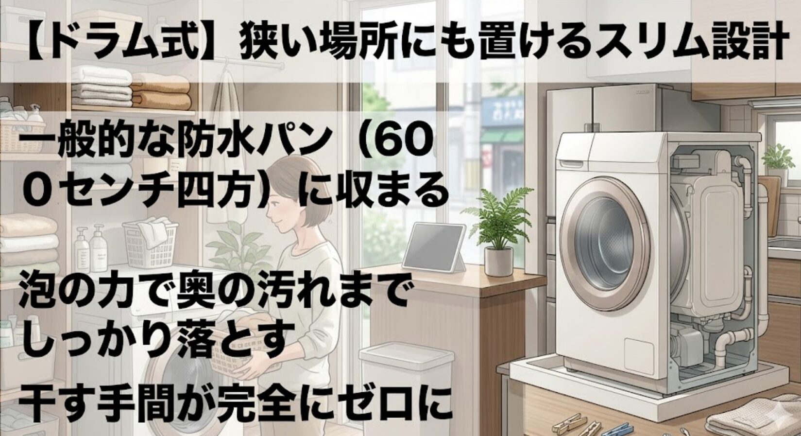 防水パンに収まるスリム設計と泡の力で汚れを落とすドラム式洗濯機のメリット