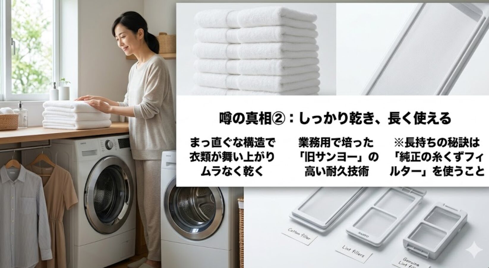 まっ直ぐドラムの乾燥効率と旧サンヨーの技術を継承した高い耐久性の説明