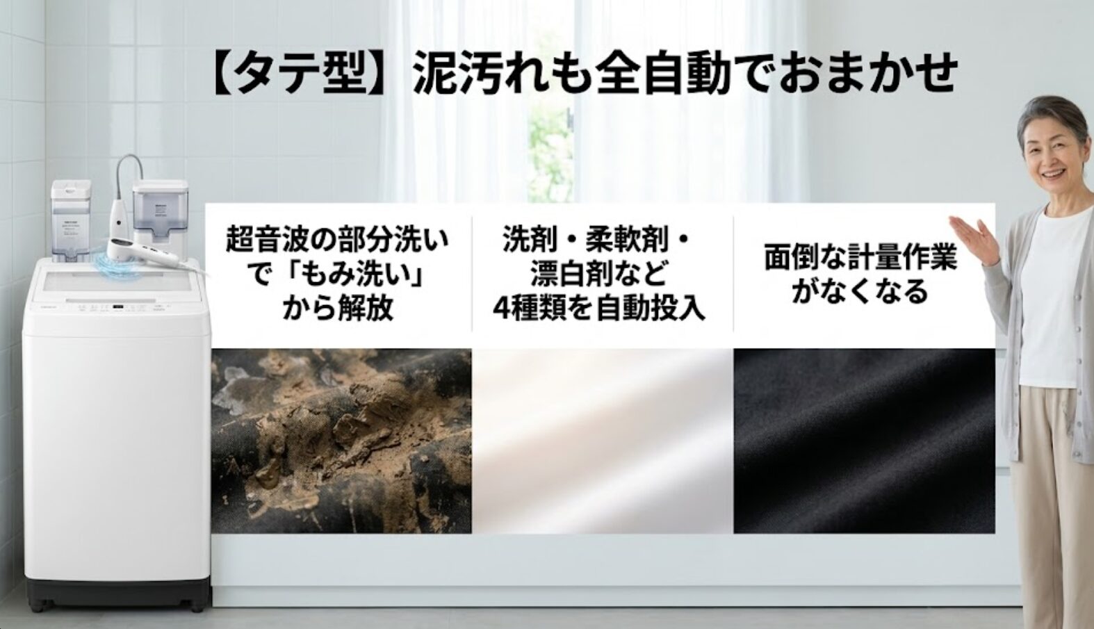 超音波の部分洗い機能と4種類の洗剤自動投入を備えたタテ型洗濯機の解説