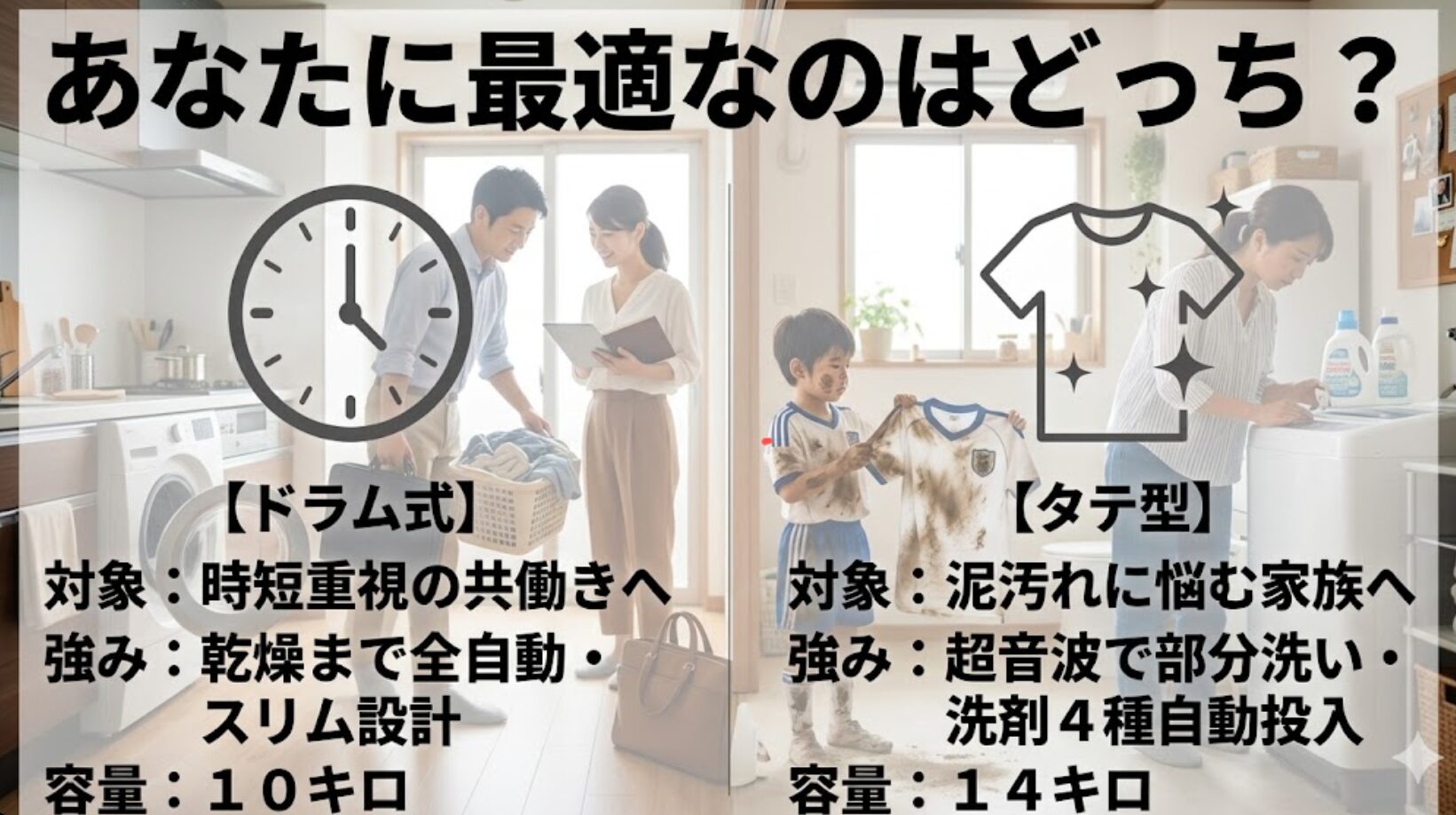 時短重視の共働き向けドラム式と泥汚れに悩む家庭向けタテ型の特徴を比較した表