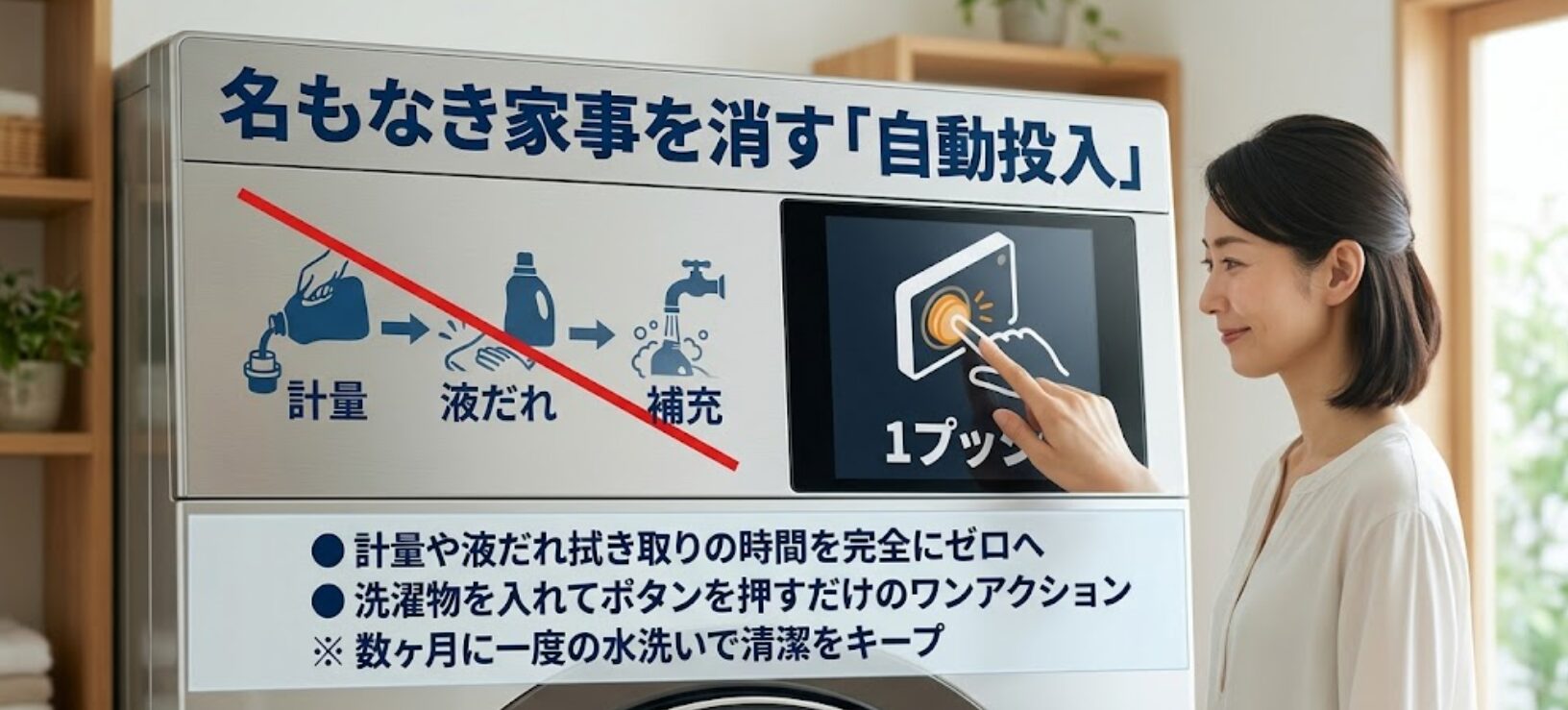 洗剤の計量や液だれ拭き取りの手間が不要になり、ボタン一つで洗濯が完了する様子を示す図解。