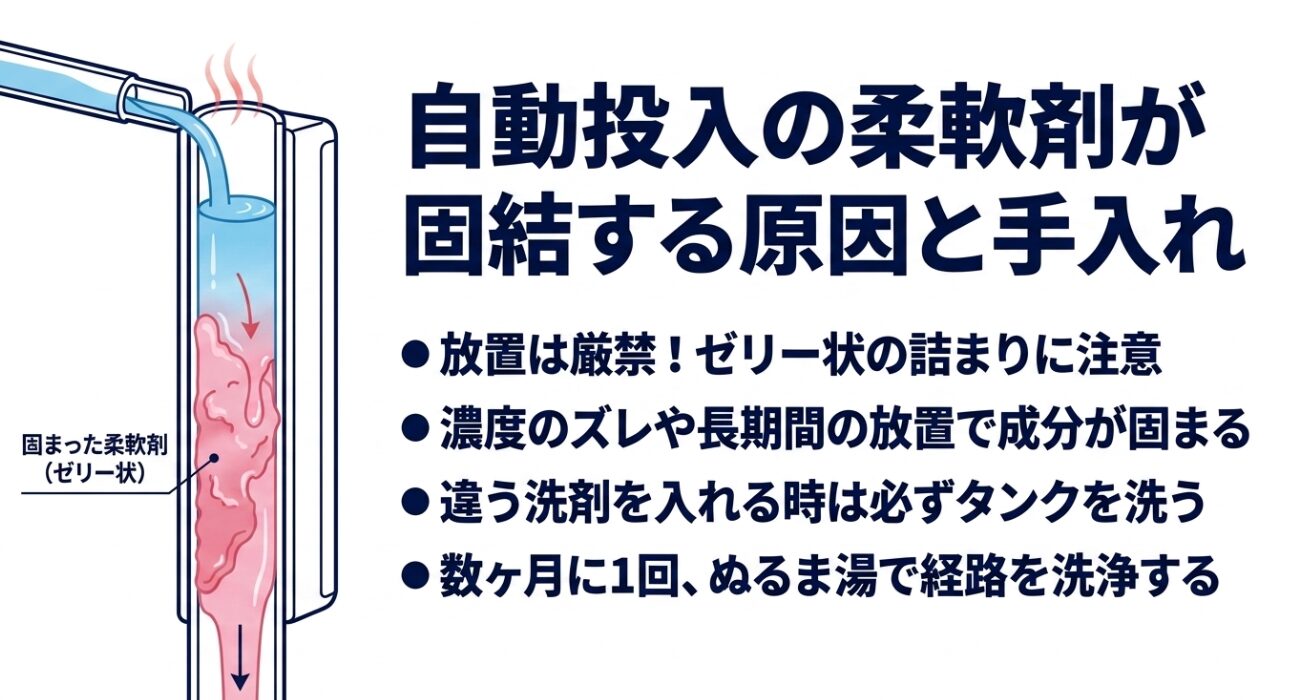 給水経路のパイプ内にピンク色の「固まった柔軟剤（ゼリー状）」が詰まっているイラストが描かれており、「放置は厳禁!ゼリー状の詰まりに注意」「濃度のズレや長期間の放置で成分が固まる」「違う洗剤を入れる時は必ずタンクを洗う」「数ヶ月に1回、ぬるま湯で経路を洗浄する」という特徴が記載されたスライド画像です。