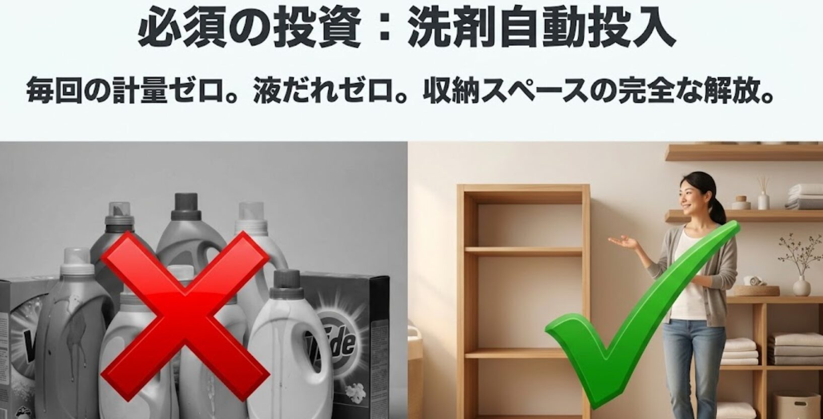 洗剤自動投入機能により、計量や液だれの手間がなくなり、収納スペースが解放される様子をバツ印とチェックマークで対比させたスライド。