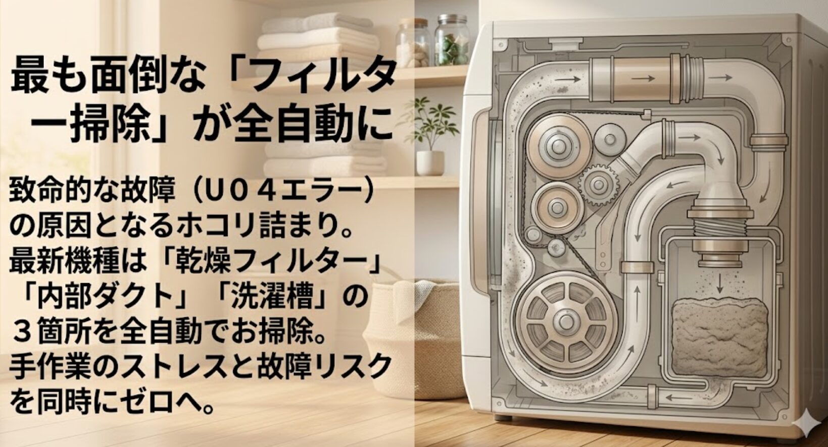 ドラム式洗濯機内部のダクトやフィルターの構造図。乾燥フィルター、内部ダクト、洗濯槽の3箇所を自動で掃除し、ホコリ詰まりによる故障リスクをゼロにする仕組みの解説。