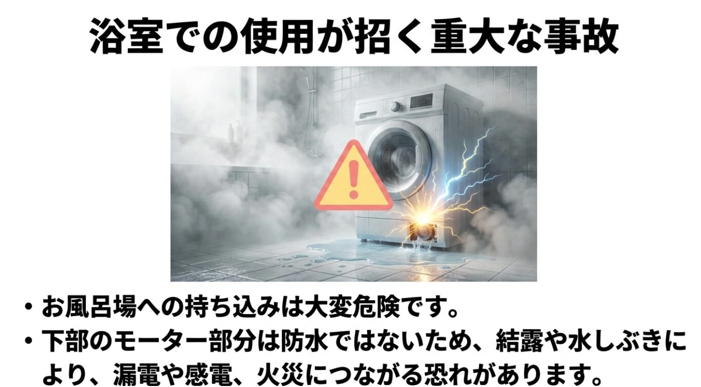 お風呂場の中で、湿気や水しぶきによって下部の防水ではないモーター部分から激しく火花が散り、漏電や火災の危険性を警告しているイラスト