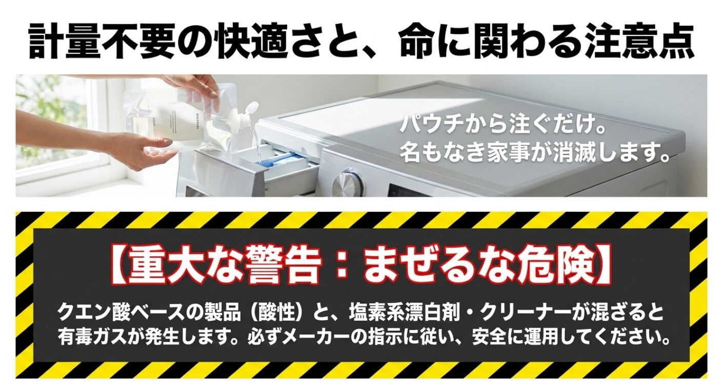詰め替えパウチから注ぐだけの自動投入機能と、酸性製品と塩素系を混ぜる危険性への警告 。