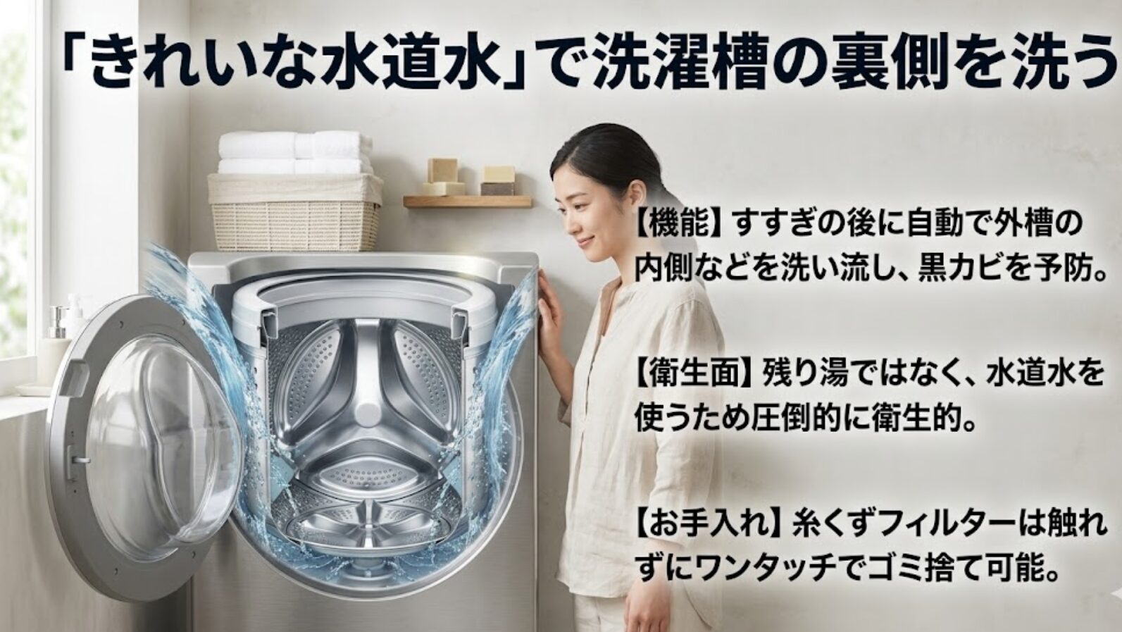 すすぎ後に水道水で洗濯槽の裏側を洗い流す機能と、ゴミ捨てが簡単な糸くずフィルターの解説 。