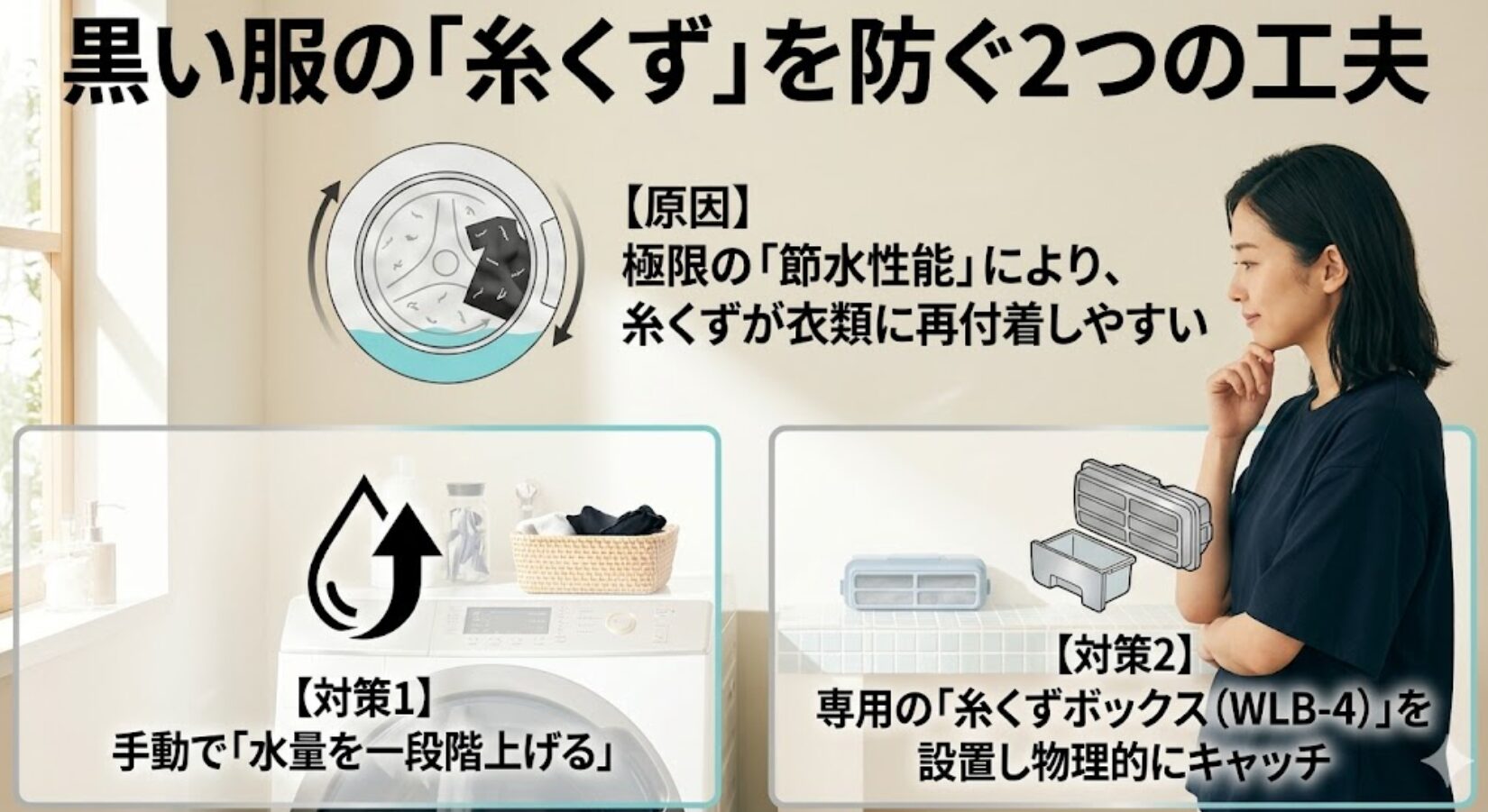 節水性能による糸くず再付着の原因と、水量を上げる設定や糸くずボックス設置による解決策 。