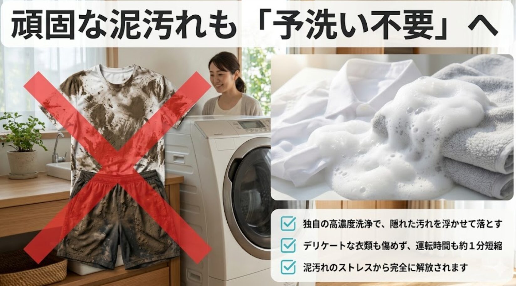 頑固な泥汚れが付着した衣類と、独自の高濃度洗浄で汚れを浮かせて落とす仕組みの解説 。