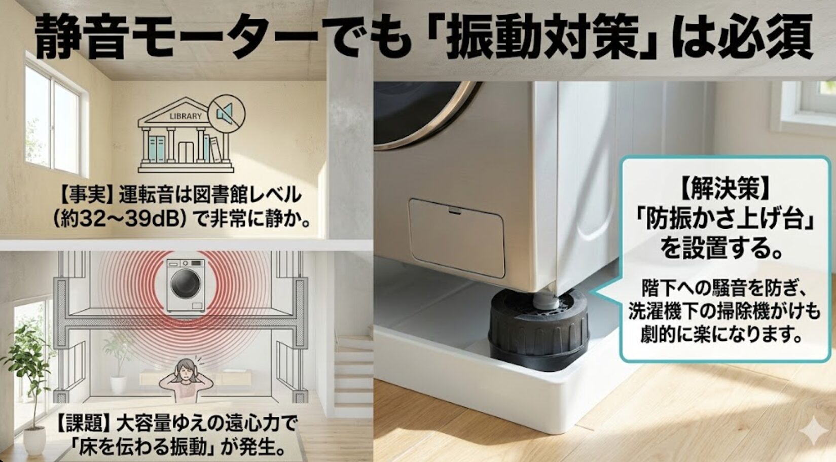 図書館レベルの静かな運転音と、大容量ゆえの振動を抑え掃除を楽にするかさ上げ台の活用 。