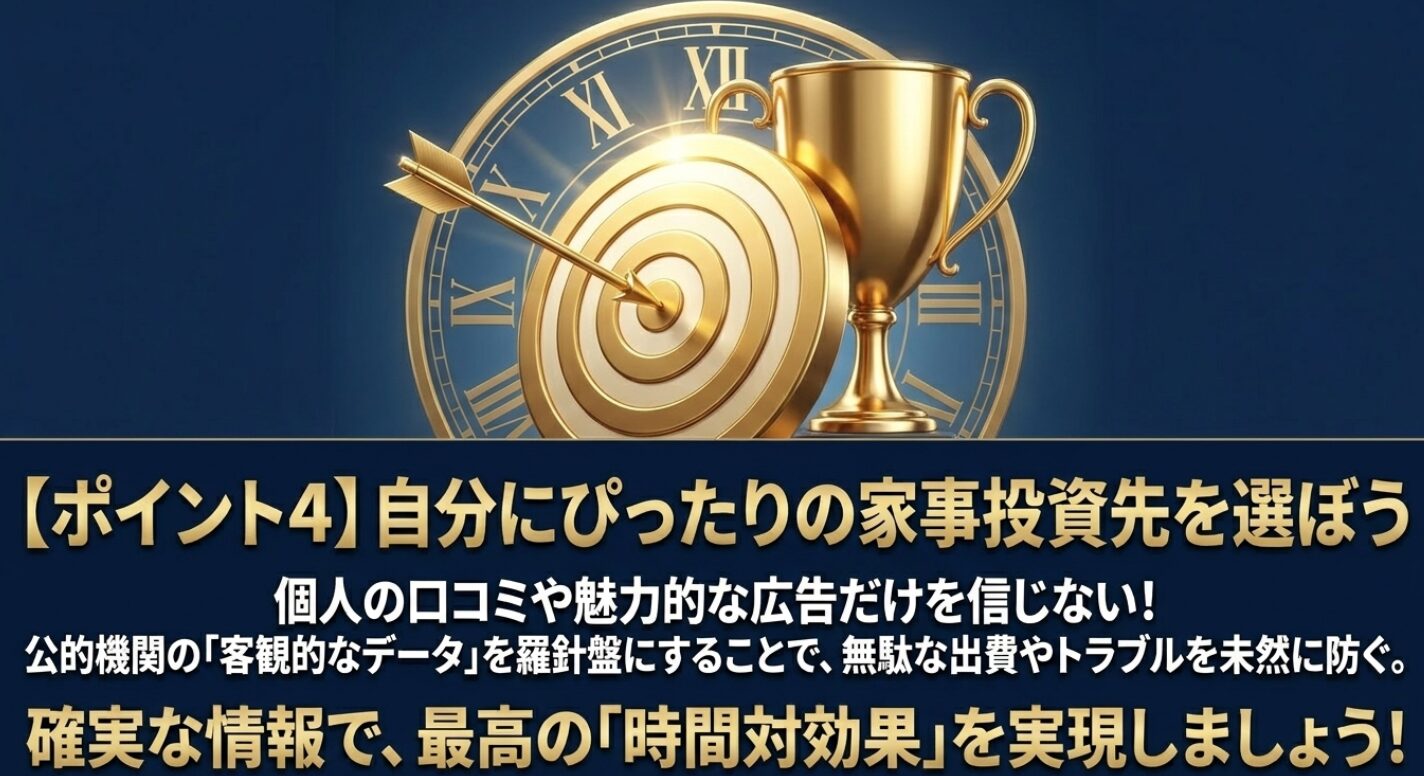 時計を背景に、中心に矢が刺さった的と黄金のトロフィーが並んでおり、確実な情報で最適な家事投資先を選ぶゴールを表現したイラスト