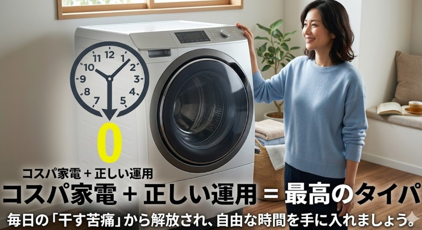 コスパ家電と正しい運用を組み合わせて毎日の干す苦痛から解放され自由な時間を手に入れましょうというまとめ図
