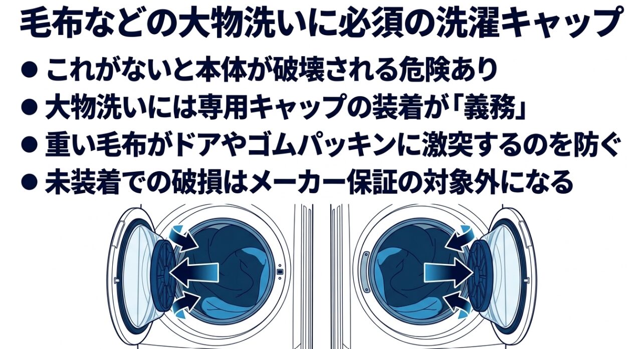 ドラム式洗濯機の開いたドアの内側、および洗濯槽の内部に丸いキャップを装着して中の毛布を押さえる矢印のイラストが描かれており、「これがないと本体が破壊される危険あり」「大物洗いには専用キャップの装着が『義務』」「重い毛布がドアやゴムパッキンに激突するのを防ぐ」「未装着での破損はメーカー保証の対象外になる」という特徴が記載されたスライド画像です。