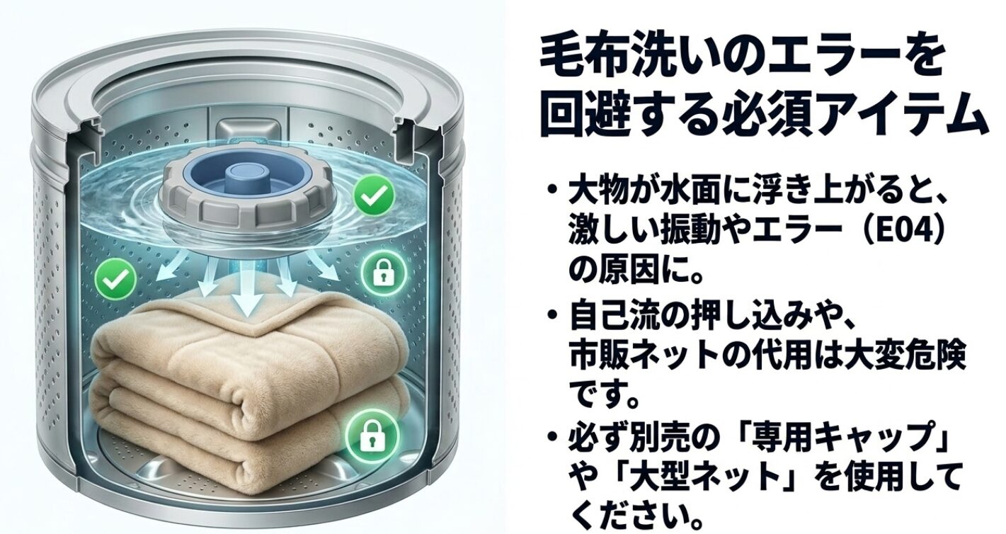 大物が水面に浮き上がると激しい振動やエラー（E04）の原因になること、自己流の押し込みや市販ネットの代用は大変危険であり、必ず別売の専用キャップや大型ネットを使用することを説明したスライド