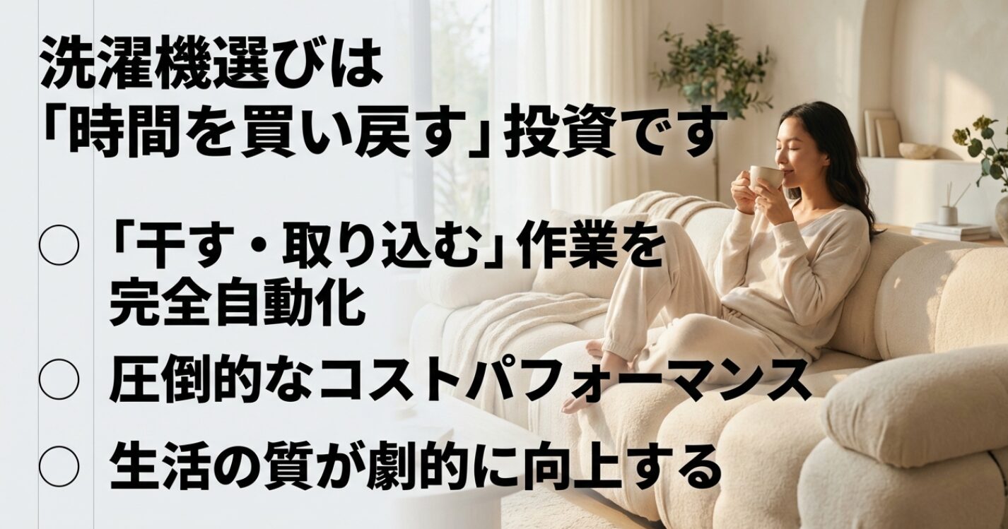 洗濯機選びは時間を買い戻す投資であり生活の質が劇的に向上することを説明するスライド