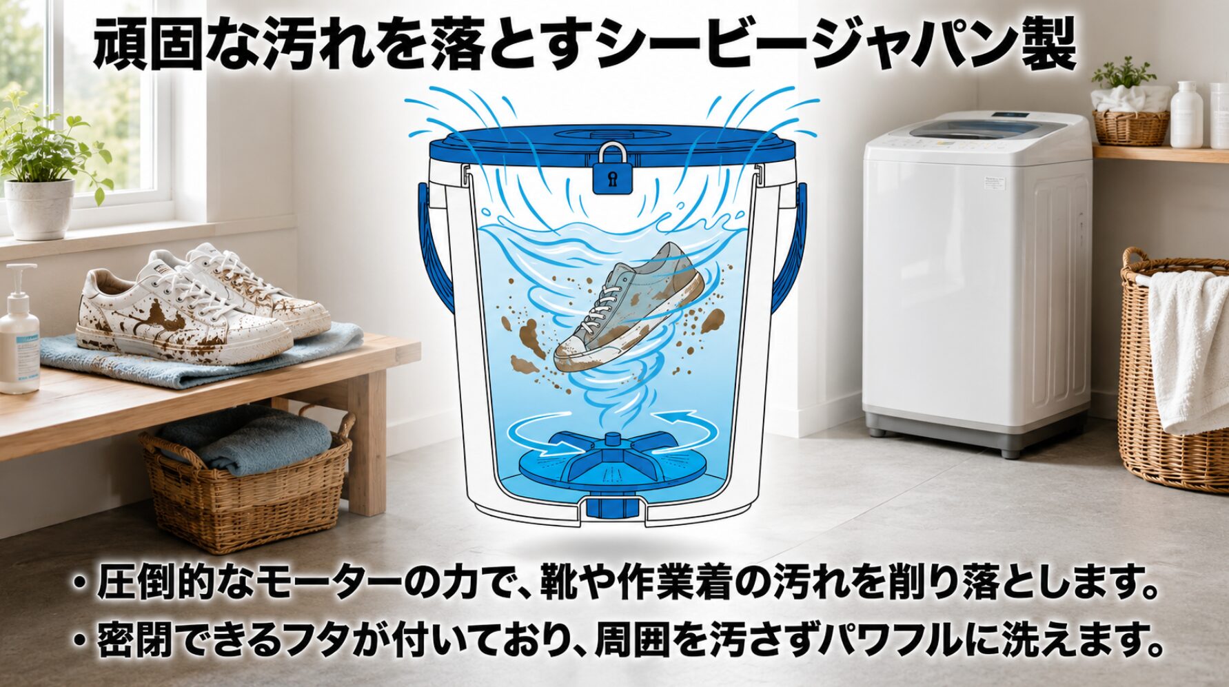密閉フタがロックされたバケツの中で、強力なモーターによる渦巻き水流が靴の頑固な汚れを削り落としているイラスト
