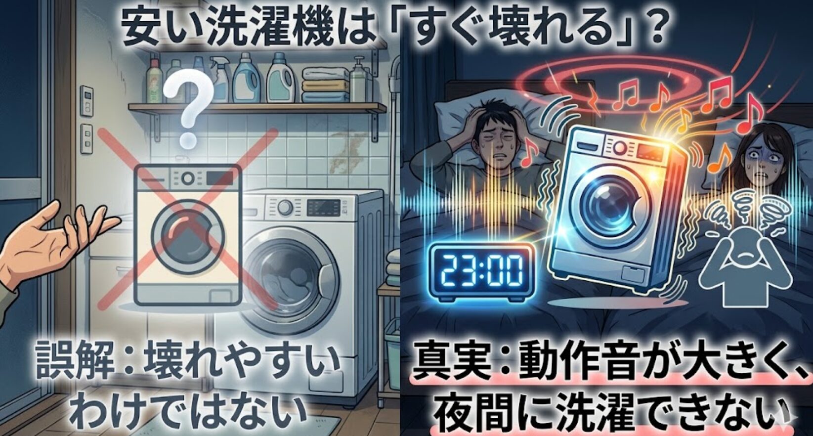 安い洗濯機はすぐ壊れるという誤解に対し、真実は動作音が大きく夜間に洗濯できないことだと解説するスライド