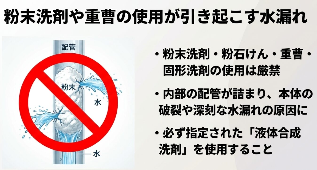 粉末洗剤や重曹、粉石けんなどの使用による配管の詰まりや水漏れリスクを説明し、液体合成洗剤の使用を促すスライド