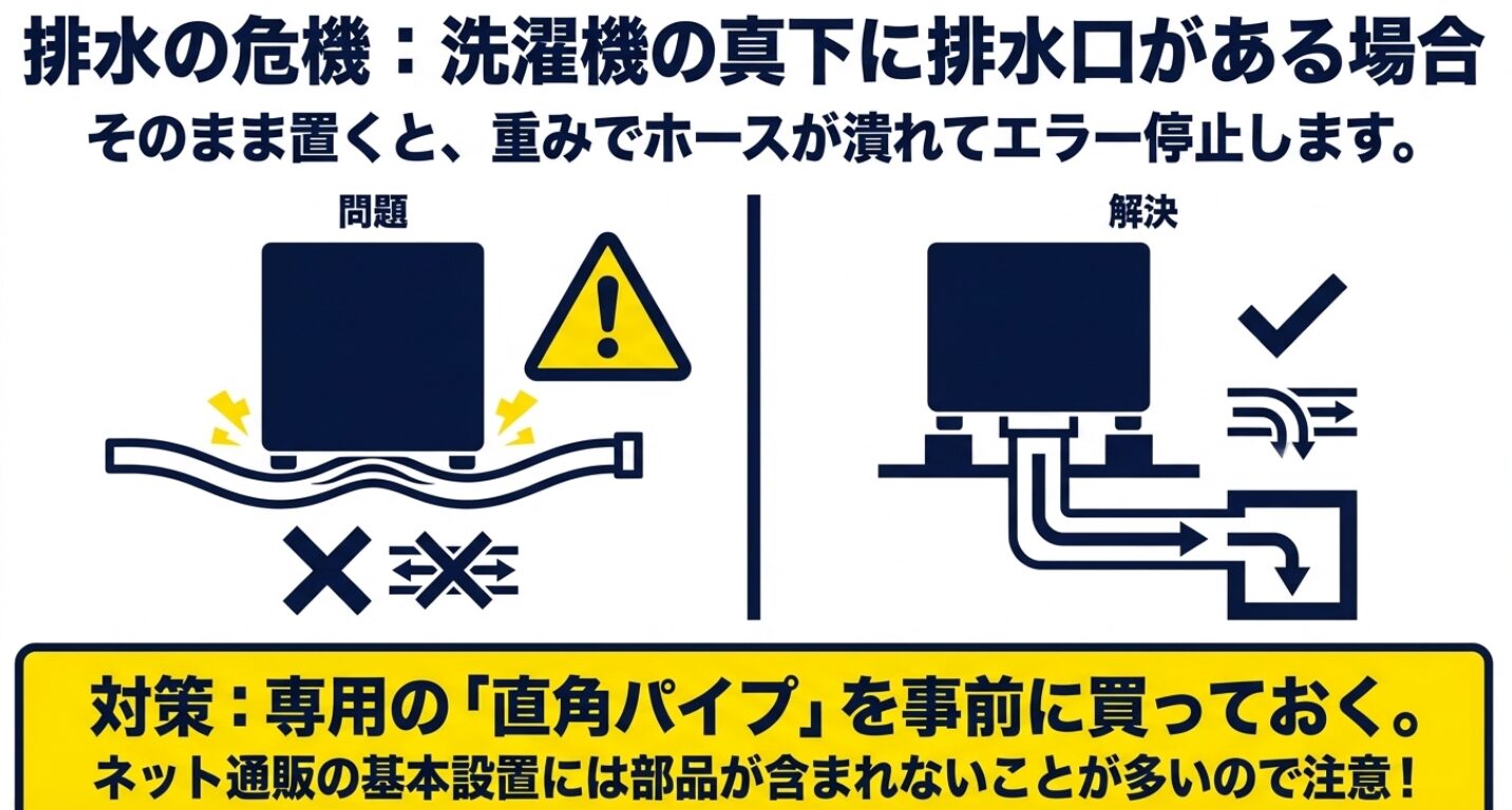 洗濯機の下に排水口がある場合にホースが潰れる問題と、専用の直角パイプを用いた対策方法。