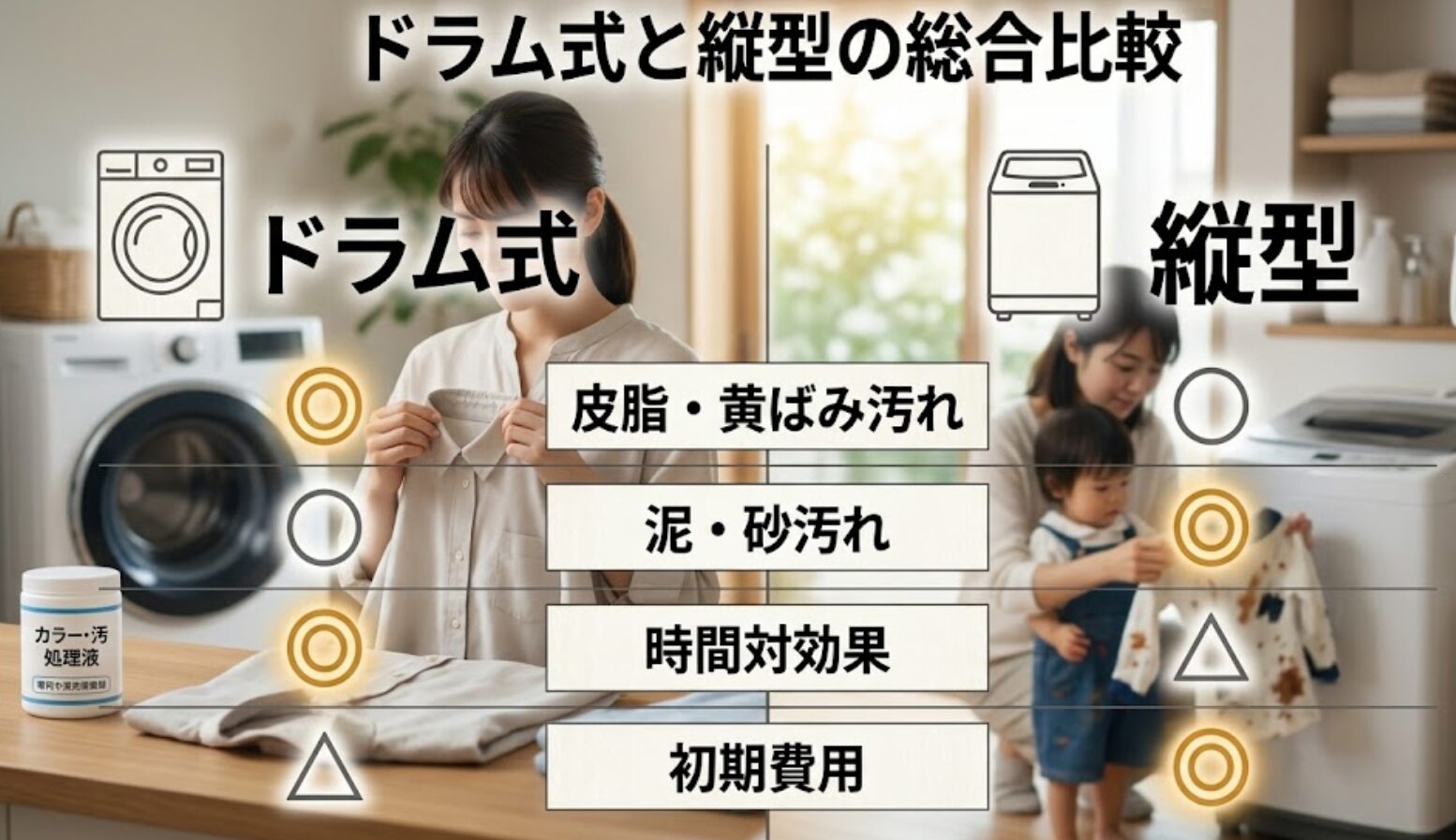 汚れ落ちの特性や時間対効果、初期費用などを項目別にまとめた、ドラム式と縦型の比較一覧表。