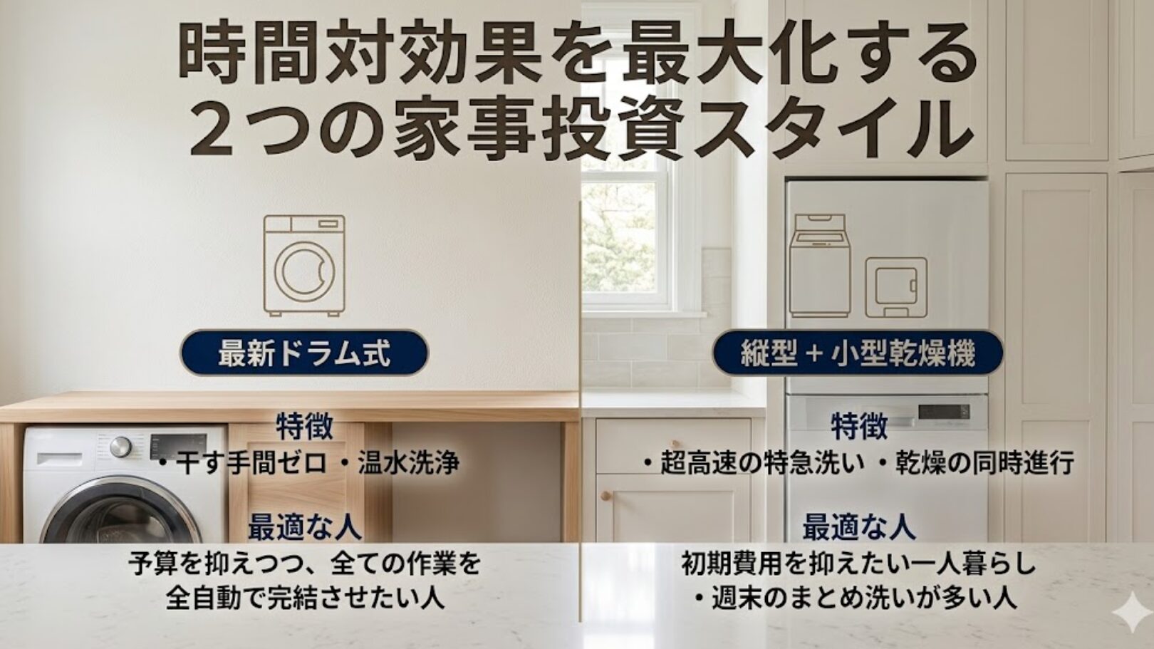 最新ドラム式と縦型洗濯機に小型乾燥機を合わせたスタイルの特徴と、最適な人を比較した表
