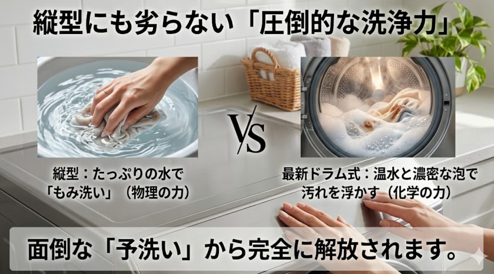 縦型のもみ洗いと、最新ドラム式の温水と泡で汚れを浮かせる洗浄力の比較。予洗い不要のメリット。