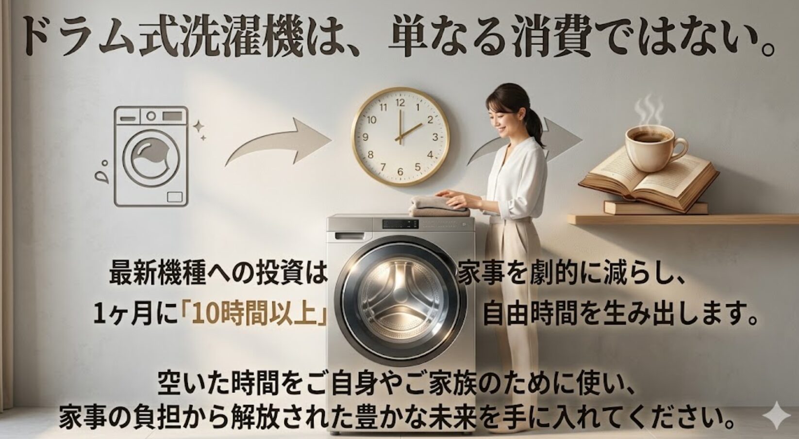 最新機種への投資が1ヶ月に10時間以上の自由時間を生み出し、家事から解放された未来を実現することを伝えるスライドです 。