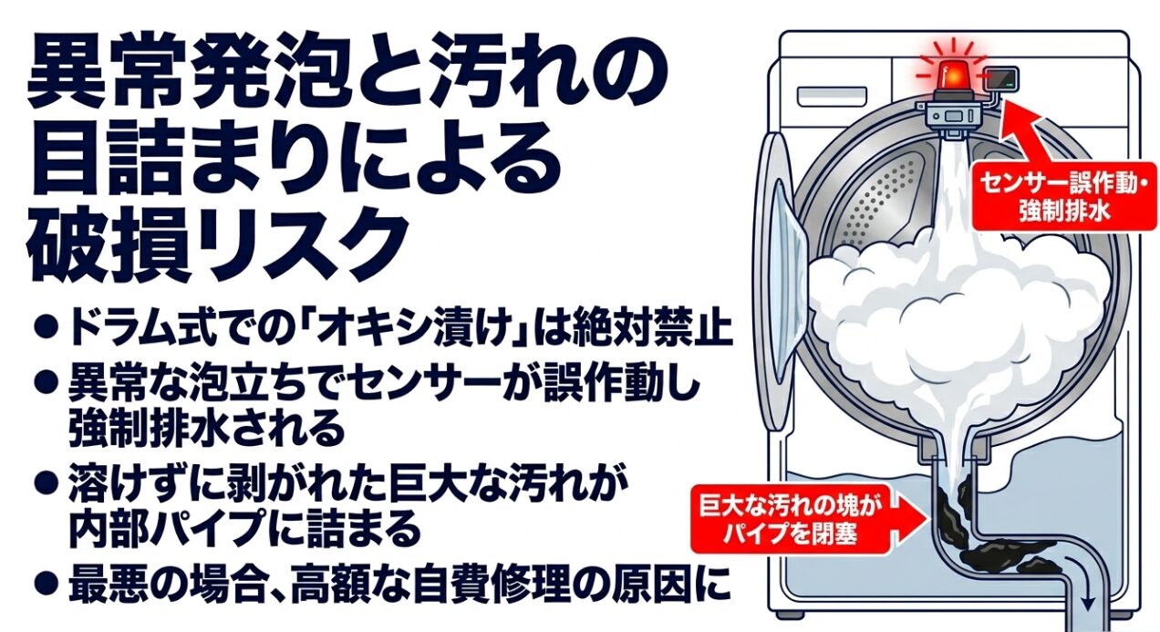 ドラム式洗濯機の中から白い泡が大量に湧き出し、下の配管に黒い塊が詰まっているイラストが描かれており、「センサー誤作動・強制排水」「巨大な汚れの塊がパイプを閉塞」「ドラム式での『オキシ漬け』は絶対禁止」「異常な泡立ちでセンサーが誤作動し強制排水される」「溶けずに剥がれた巨大な汚れが内部パイプに詰まる」「最悪の場合、高額な自費修理の原因に」という特徴が記載されたスライド画像です。