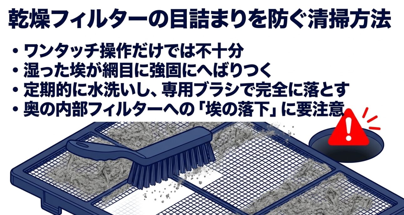 網目に溜まったグレーの埃を黒いブラシで掃除しているイラストと赤いビックリマークが描かれており、「ワンタッチ操作だけでは不十分」「湿った埃が網目に強固にへばりつく」「定期的に水洗いし、専用ブラシで完全に落とす」「奥の内部フィルターへの『埃の落下』に要注意」という特徴が記載されたスライド画像です。