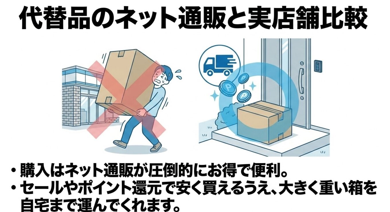 自宅の玄関前に届いた宅配便の段ボール箱とポイントのイラスト、および実店舗から大きな段ボール箱を大変そうに両手で抱えて運ぶ男性のイラスト
