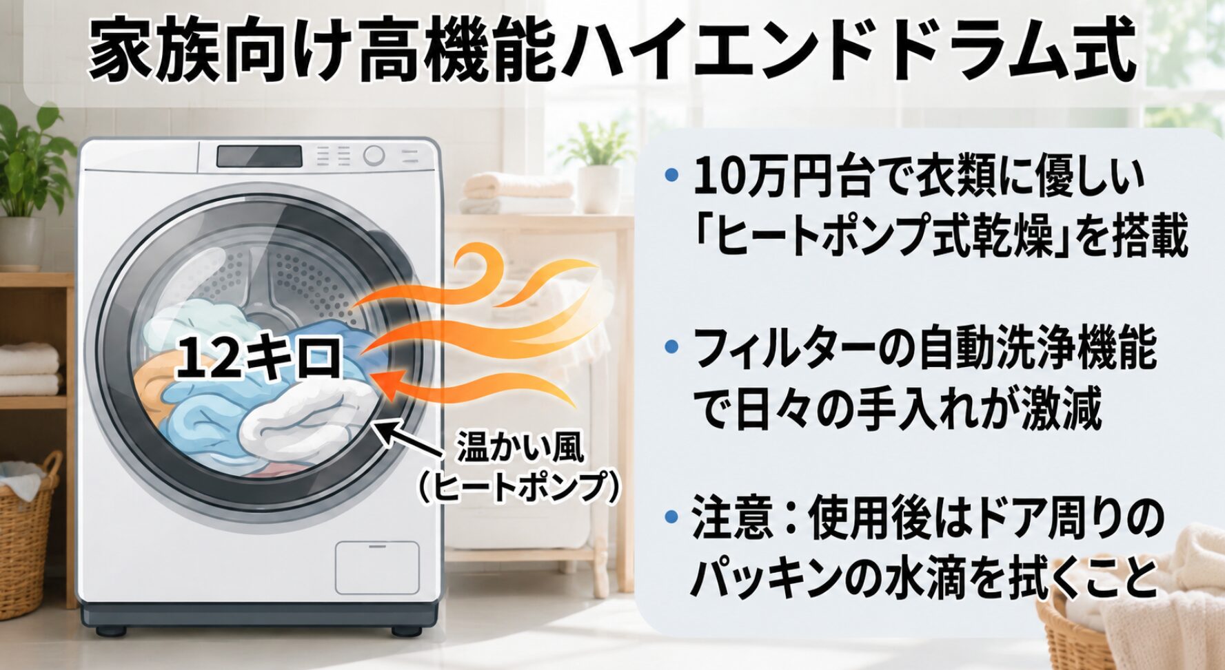 10万円台でヒートポンプ式乾燥やフィルター自動洗浄を搭載した12キロ大容量ドラム式洗濯機の解説スライド