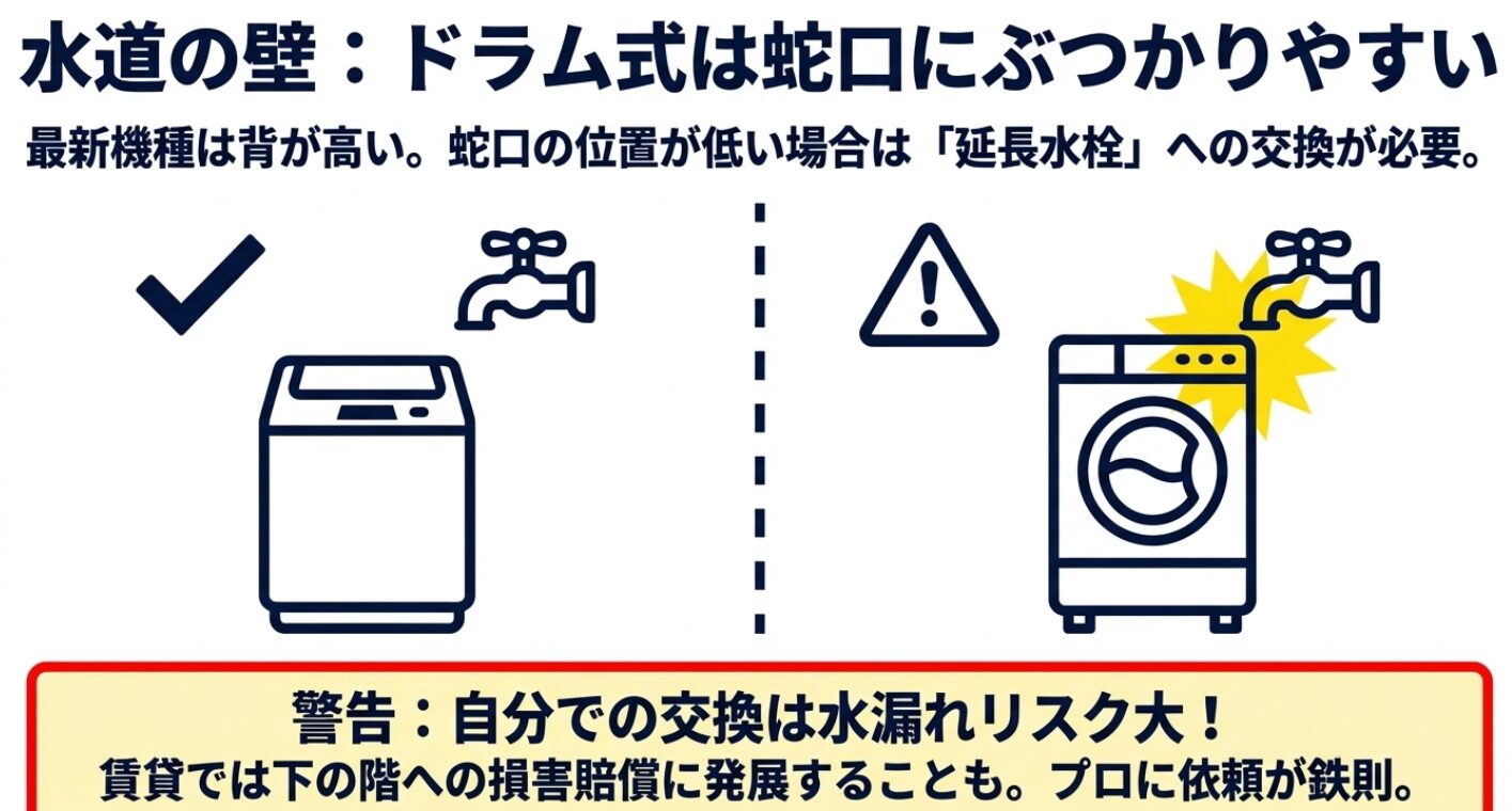 ドラム式洗濯機が蛇口にぶつかる問題と、自分での工事に伴う水漏れのリスクを警告するイラスト。