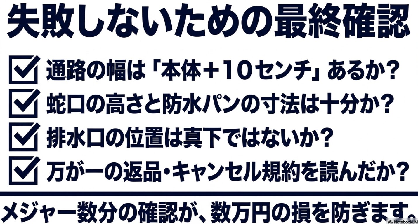 搬入経路や設備、キャンセル規約など、数分間の採寸が数万円の損を防ぐという最終確認メッセージ。