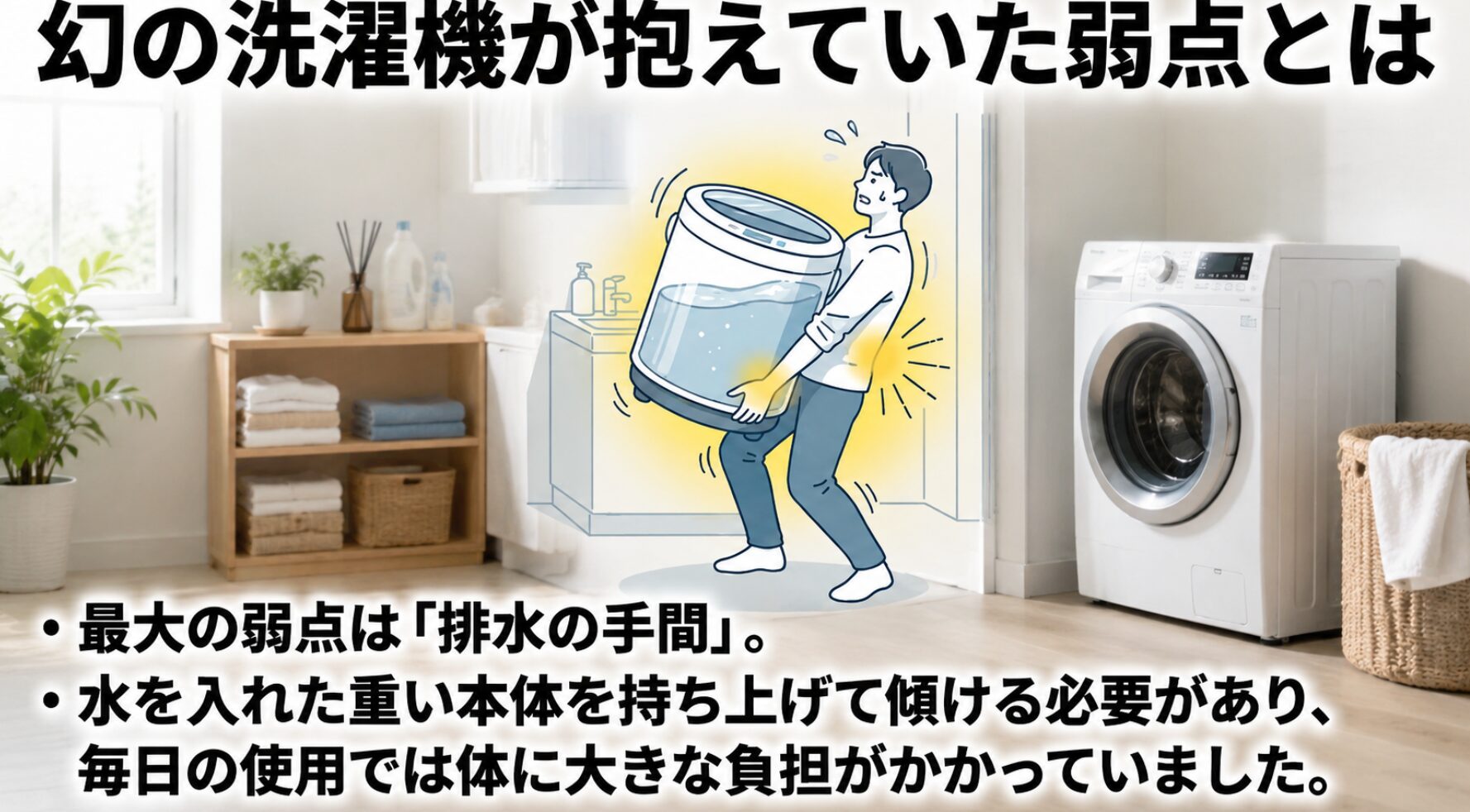 水が入って重くなったバケツ型洗濯機を、腰に負担をかけながら必死に持ち上げて傾けようとしている男性のイラスト