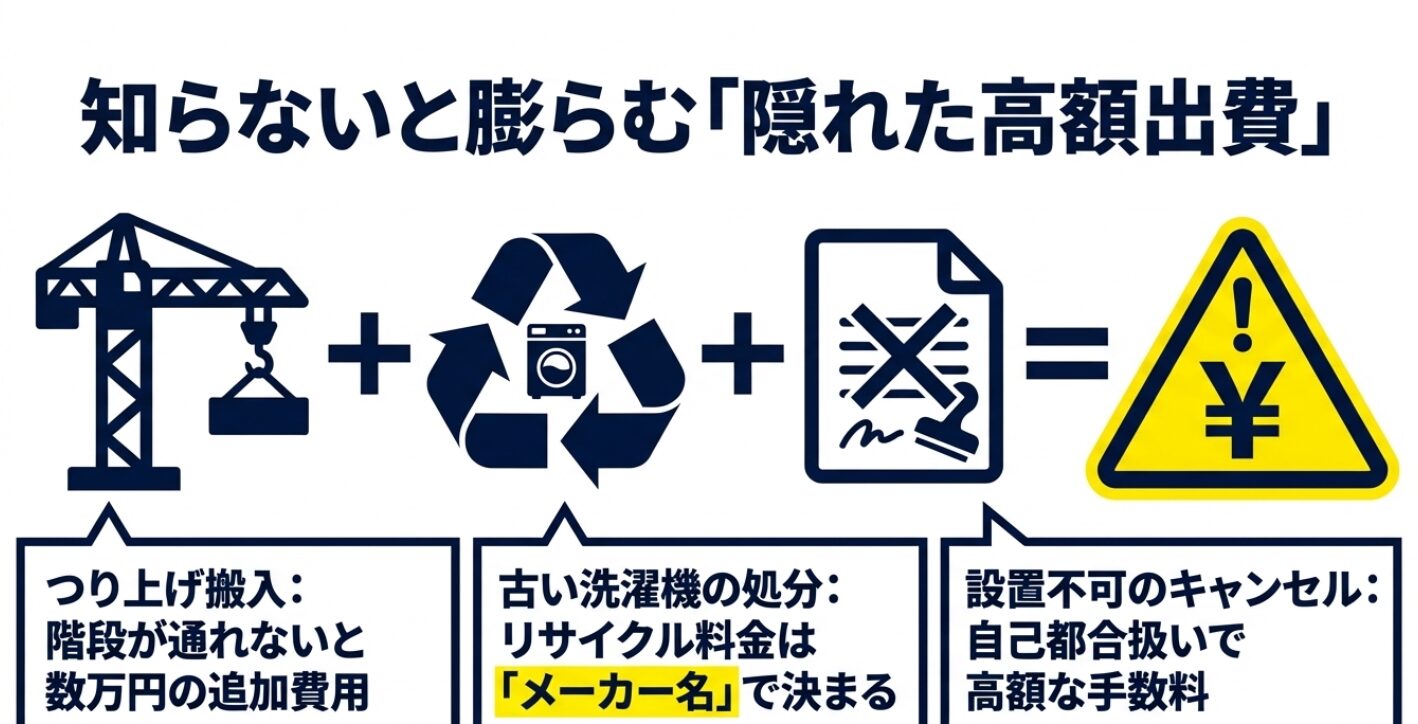 つり上げ搬入、リサイクル料金、自己都合キャンセルに伴う追加費用のリスクをまとめた図。