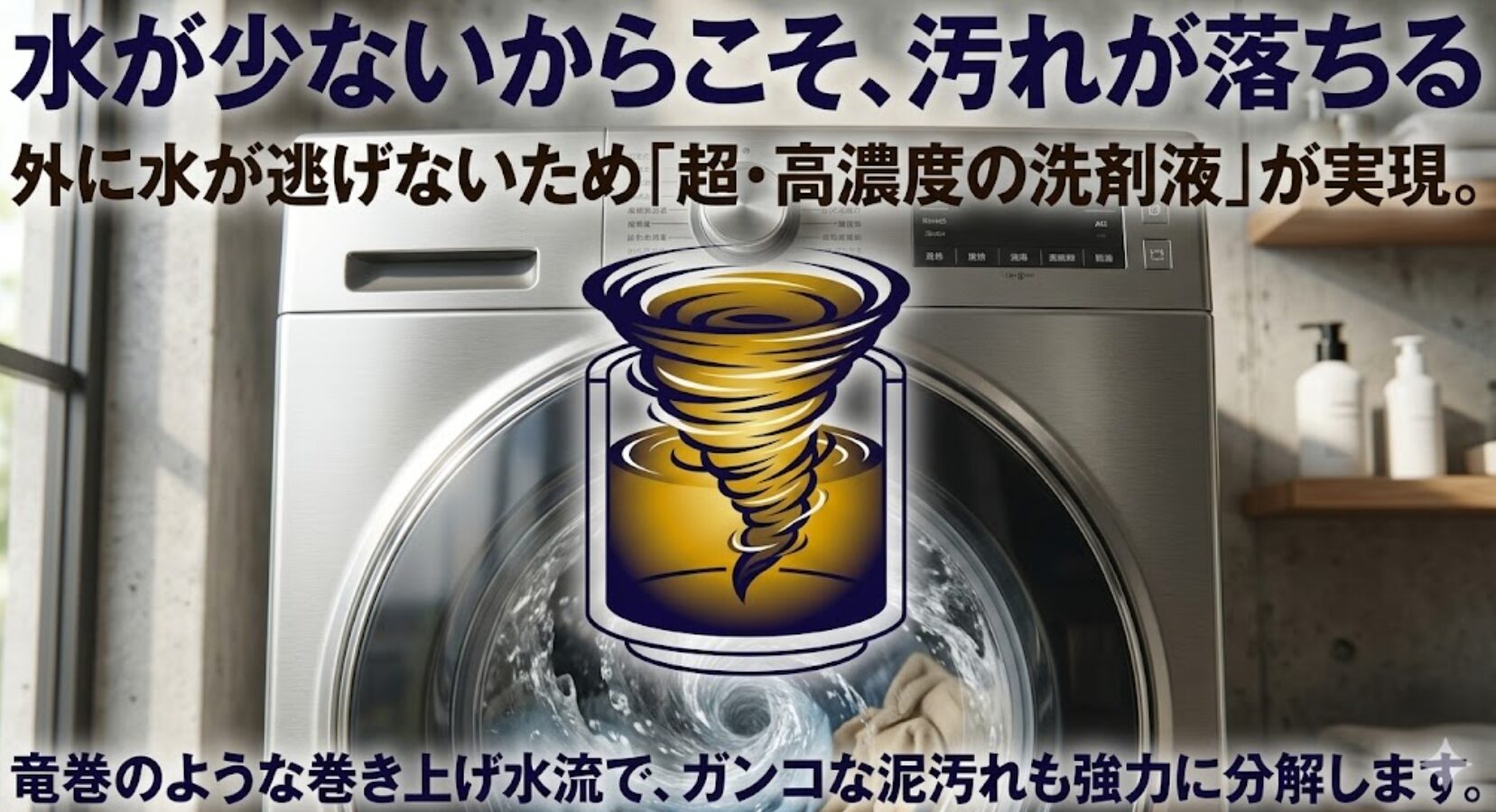 水が外に逃げないため超高濃度の洗剤液が実現し、竜巻のような巻き上げ水流で泥汚れを強力に分解するイメージ
