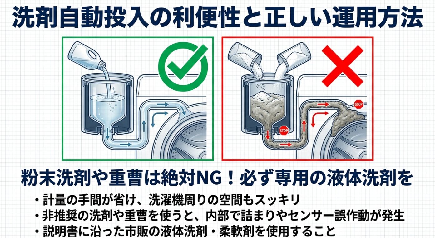 洗剤自動投入タンクのイラスト。上部の正しい液体洗剤の使用には緑色のチェックマーク、下部の粉末洗剤や重曹の使用には赤色のバツ印とストップマークが描かれており、粉末洗剤や重曹は内部の詰まりやセンサーの誤作動を招くため絶対NGであることを説明するスライド。