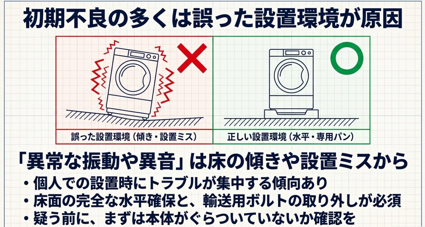洗濯機の設置環境を比較したイラスト。左側には傾いて振動している誤った設置環境に赤色のバツ印、右側には水平な専用パンに置かれた正しい設置環境に緑色のチェックマークが描かれており、異常な振動や異音は床の傾きや設置ミスが原因であること、輸送用ボルトの取り外しが必須であることを解説するスライド。 