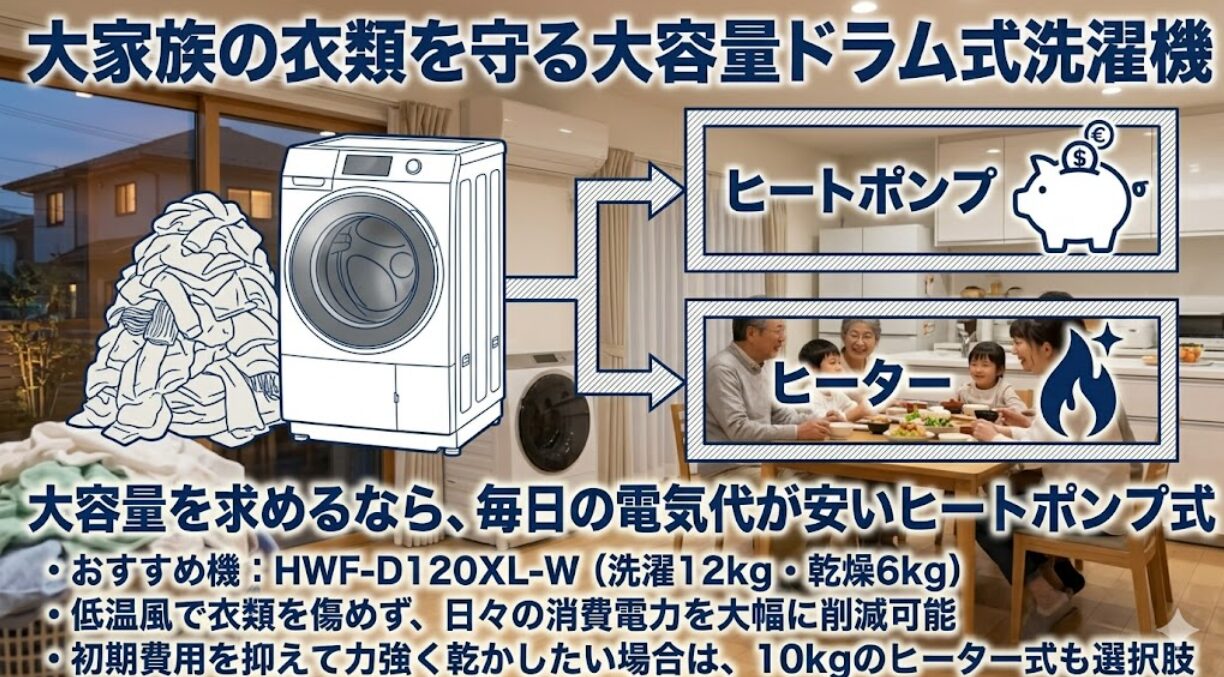 山積みの洗濯物とドラム式洗濯機のイラストから、ヒートポンプ式（貯金箱のアイコン）とヒーター式（炎のアイコン）の2つの選択肢に分岐している図。大容量を求めるなら毎日の電気代が安いヒートポンプ式のHWF-D120XL-Wがおすすめであることや、初期費用を抑えたい場合はヒーター式も選択肢になることを解説するスライド。