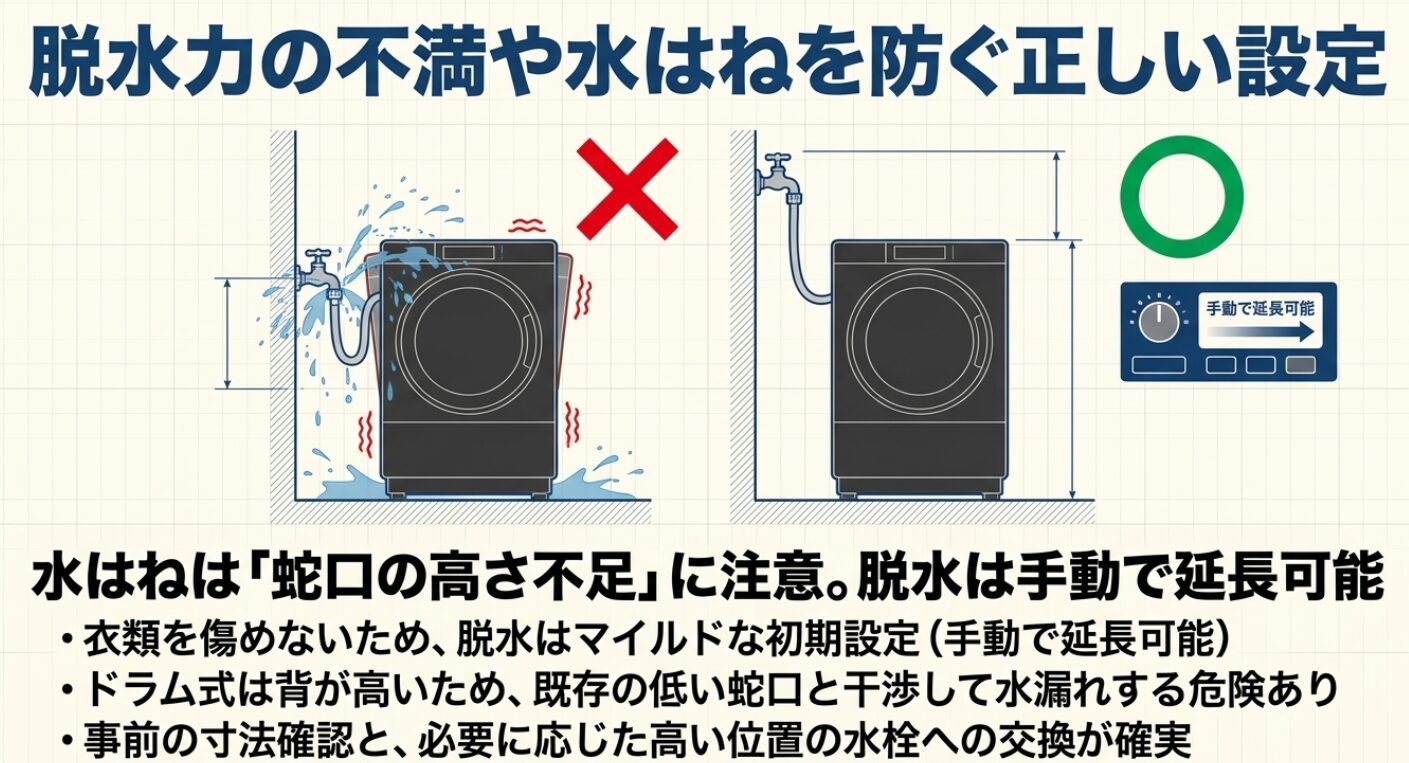 壁の蛇口と給水ホースが接続された洗濯機のイラストと、緑色の丸印。衣類を傷めないためのマイルドな初期設定の脱水時間は手動で延長可能であることや、ドラム式導入時は既存の低い蛇口との干渉に注意し、事前の寸法確認や高い位置の水栓への交換が確実であることを解説するスライド。