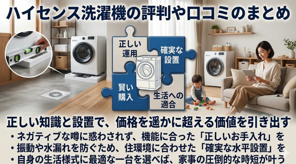 洗濯機のイラストを中心に、ジグソーパズルのピースのように「正しい運用」「確実な設置」「賢い購入」「生活への適合」の4つの要素が組み合わさっている図。ネガティブな噂に惑わされず、正しい知識とお手入れ、確実な水平設置を行うことで、価格を遥かに超える価値と圧倒的な時短が叶うことをまとめたスライド。