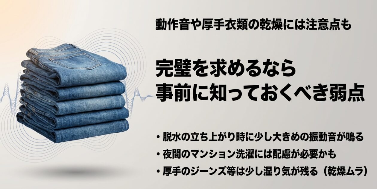 完璧を求めるなら事前に知っておくべき弱点として、脱水の立ち上がり時に少し大きめの振動音が鳴るため夜間のマンション洗濯には配慮が必要なことや、厚手のジーンズ等は少し湿り気が残る乾燥ムラがあることをまとめたスライド。