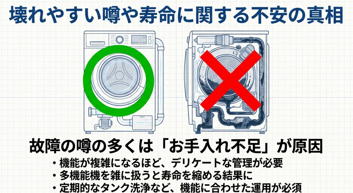 ドラム式洗濯機の内部構造のイラスト。左側には正常な状態に緑色のチェックマーク、右側にはお手入れ不足で汚れた状態に赤色のバツ印が描かれており、故障の噂の多くはお手入れ不足が原因であることや、定期的なタンク洗浄などの正しい運用が必須であることを解説するスライド。