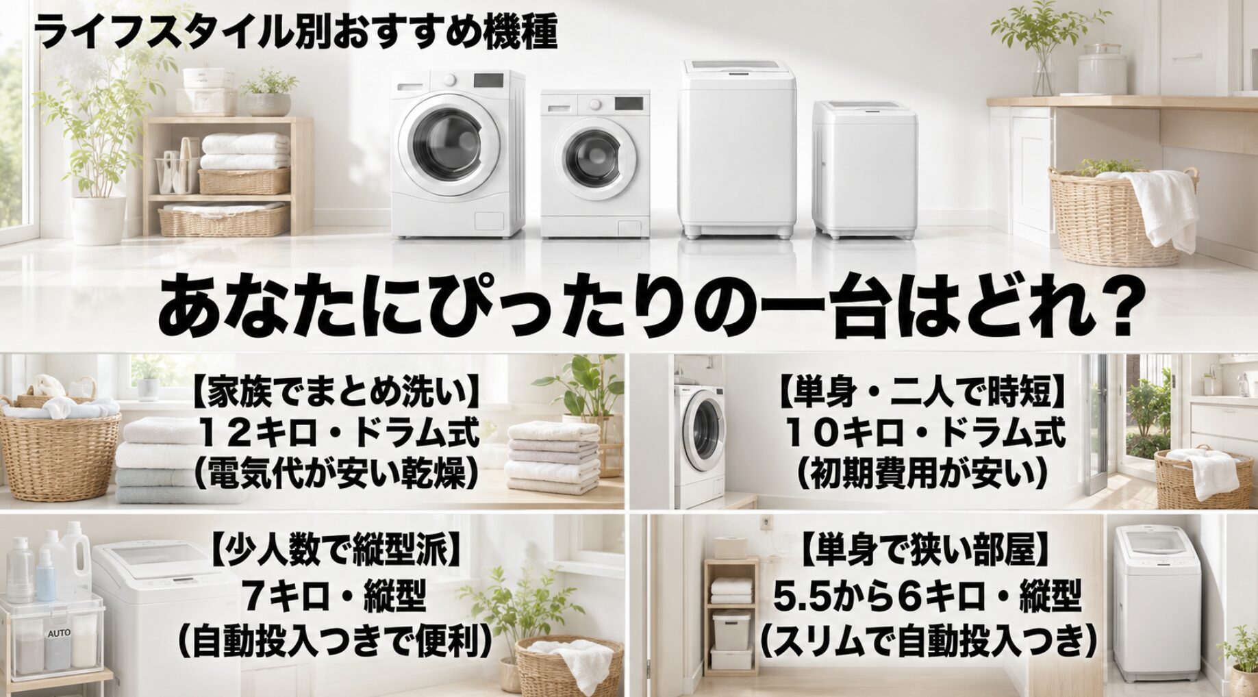 あなたにぴったりの一台を選ぶための基準として、家族でまとめ洗い用の12キロドラム式、少人数で縦型派向けの7キロ縦型、単身二人で時短用の10キロドラム式、単身で狭い部屋向けの5.5から6キロ縦型スリムの4つの選択肢を提示しているスライド。