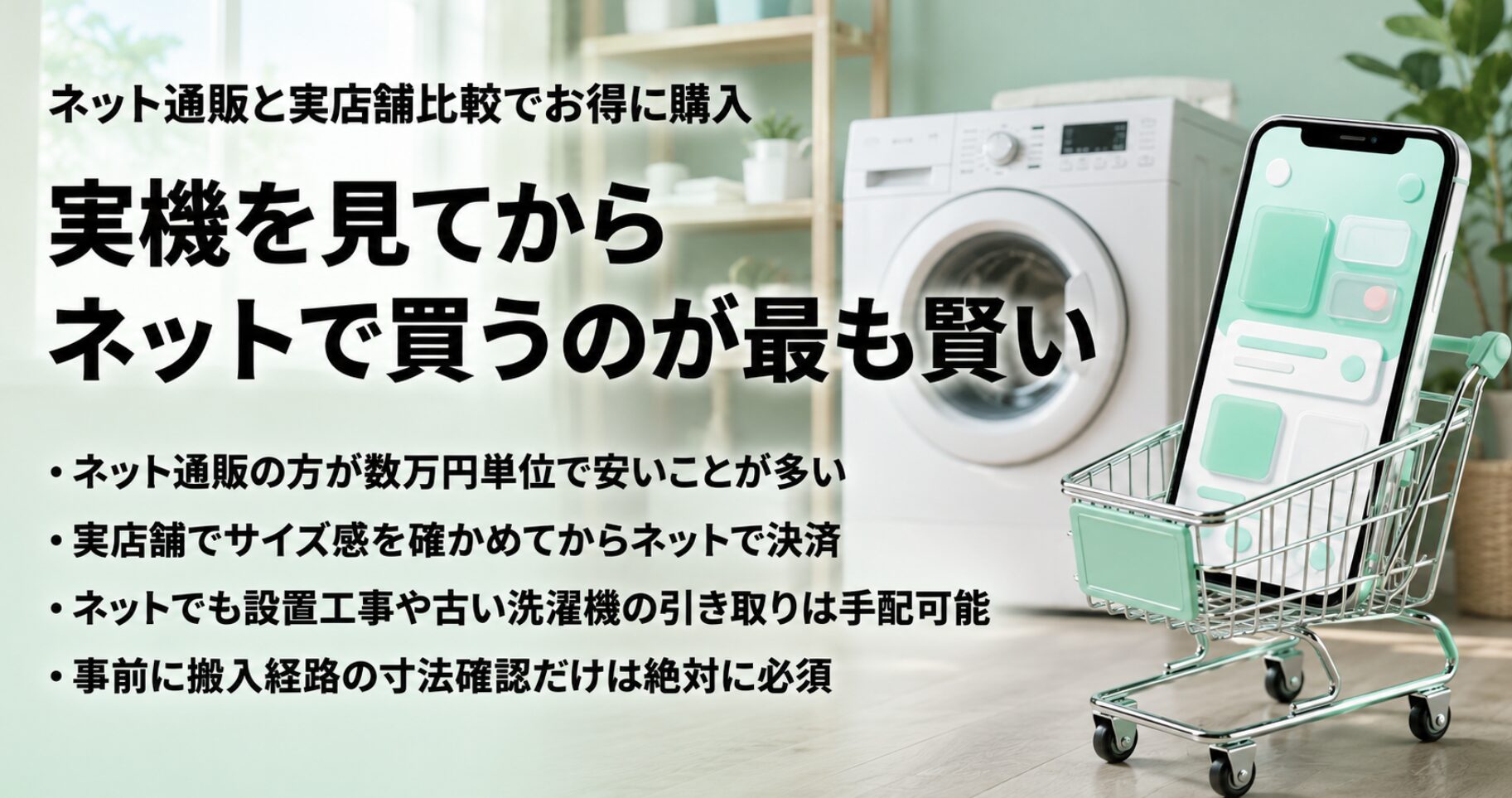 ショッピングカートの中にスマートフォンが入っているイメージ画像。実店舗でサイズ感を確かめてからネット通販で買うのが最も賢く、数万円単位で安いことが多い点や、ネットでも設置工事やリサイクル引き取りを手配可能であること、事前の搬入経路の寸法確認が必須であることを説明するスライド。