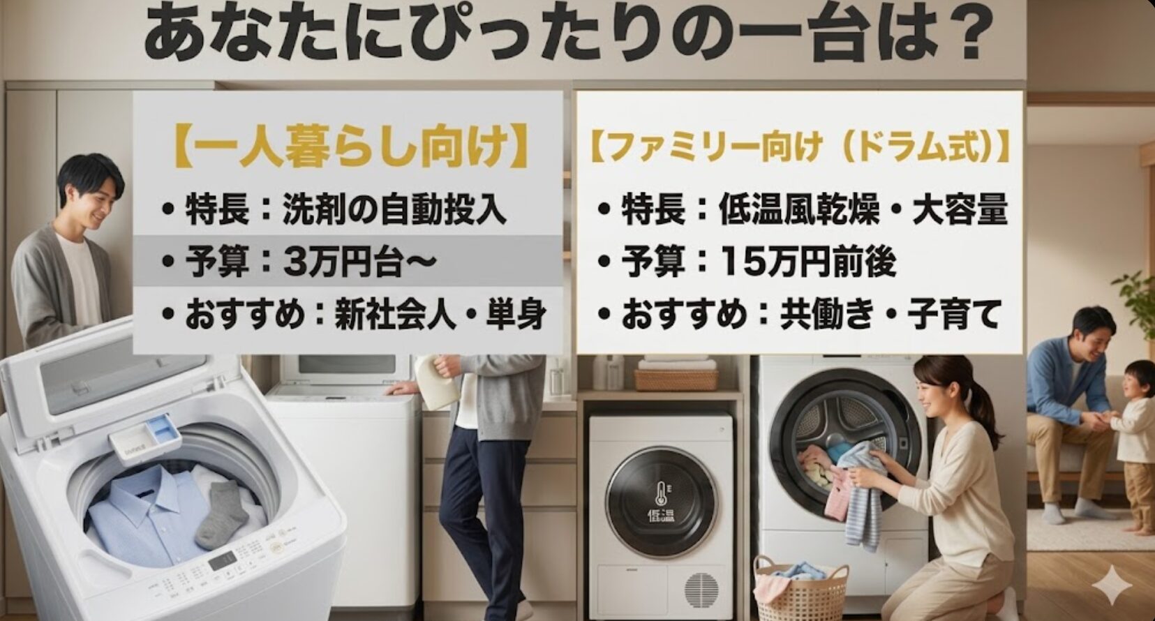 一人暮らし向けとファミリー向けの各特長や予算、おすすめの対象者をまとめた比較表画像