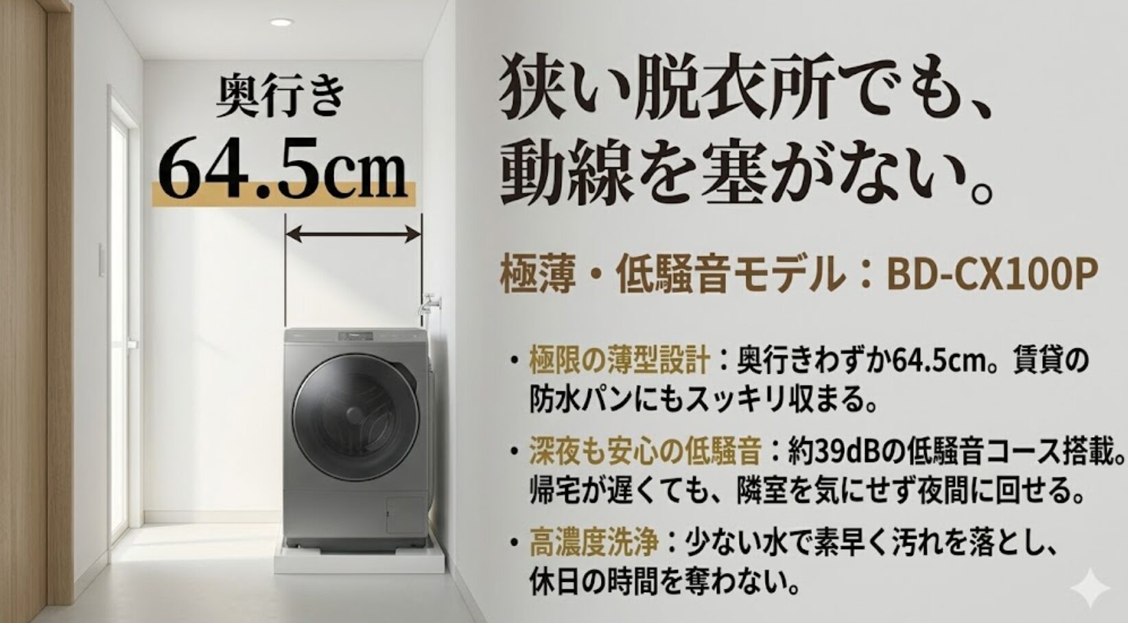 奥行き64.5cmのコンパクトな設計と、深夜でも安心して使用できる低騒音設計を両立したモデルの解説スライドです 。