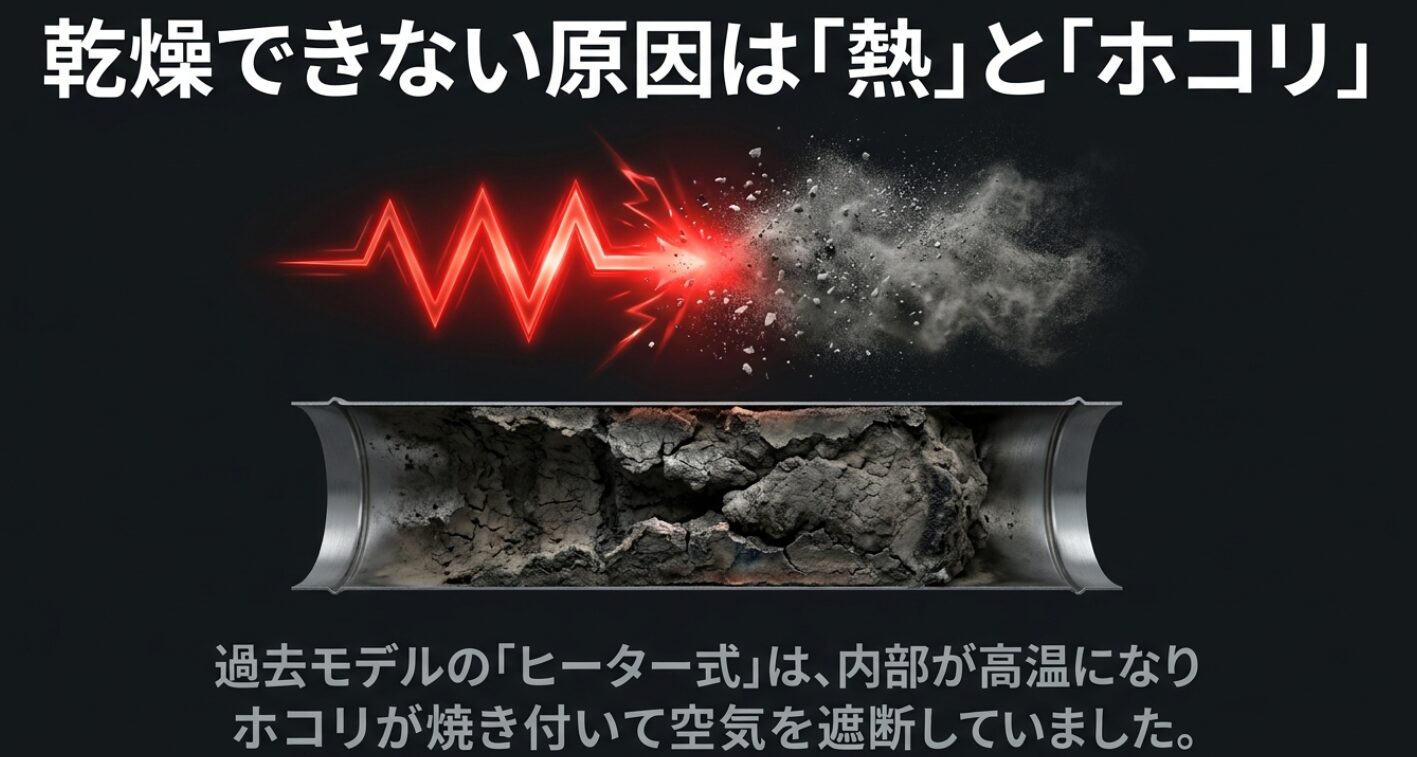 過去のヒーター式モデルで高温によりホコリが焼き付き、空気の流れが遮断される様子を示すイメージ図