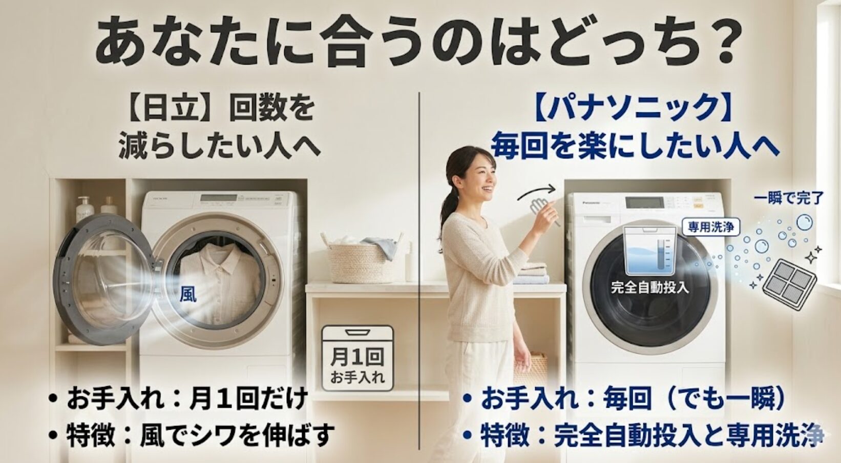 お手入れを月1回に減らしたい人向けの日立と、毎回のケアを楽にしたい人向けのパナソニックを比較した表